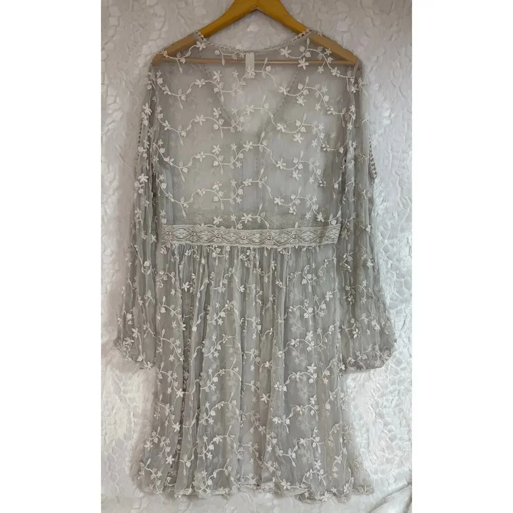 Sundance Platinum Gray Sheer Embroidered Floral Lace Peasant Dress Cottage 12 - Picture 4 of 15